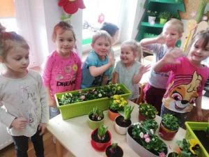 PSZCZÓŁKI - uśmiechnięte dzieci prezentują założoną hodowlę nasion i kwiatów